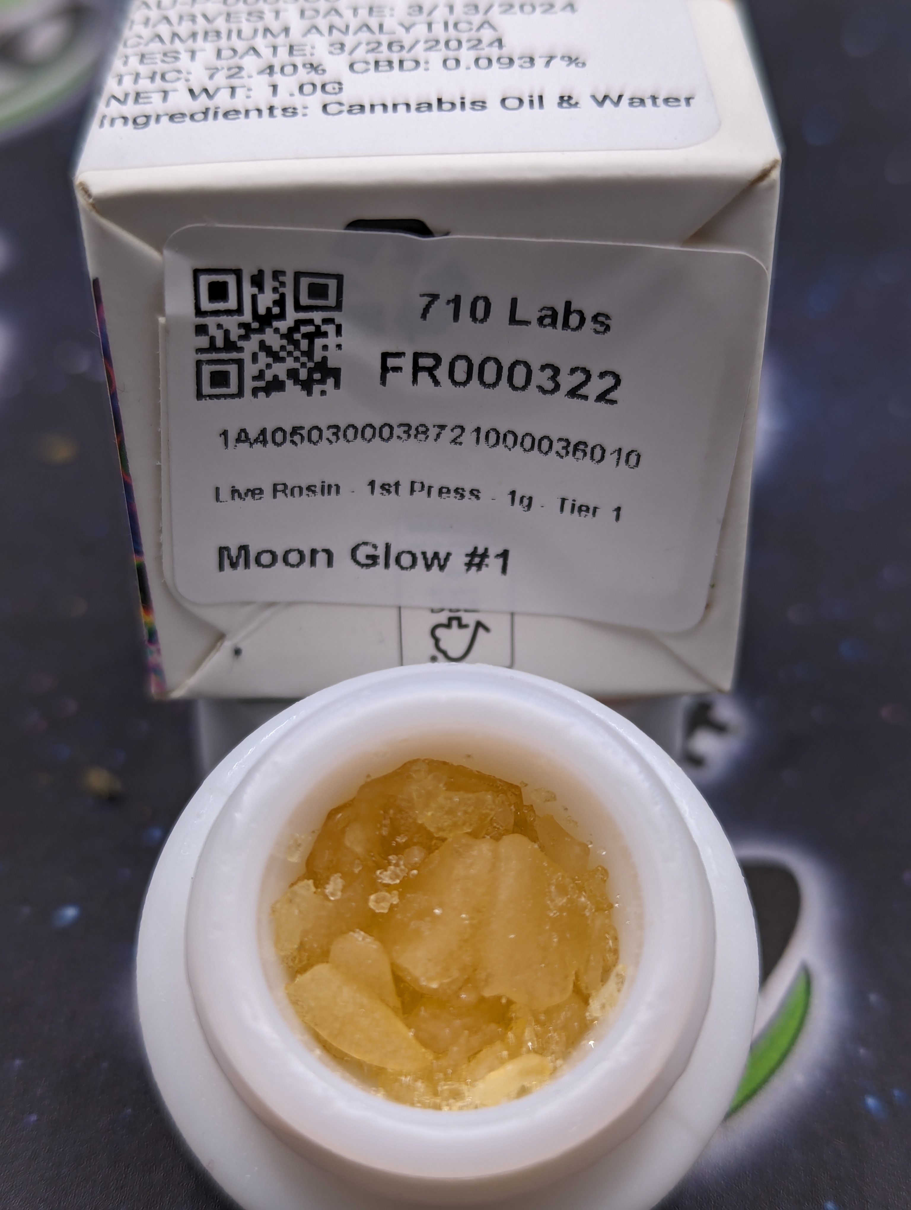 Photograph of product: 710 Labs | Moon Glow #1 | Live Rosin 1st Press Tier 1