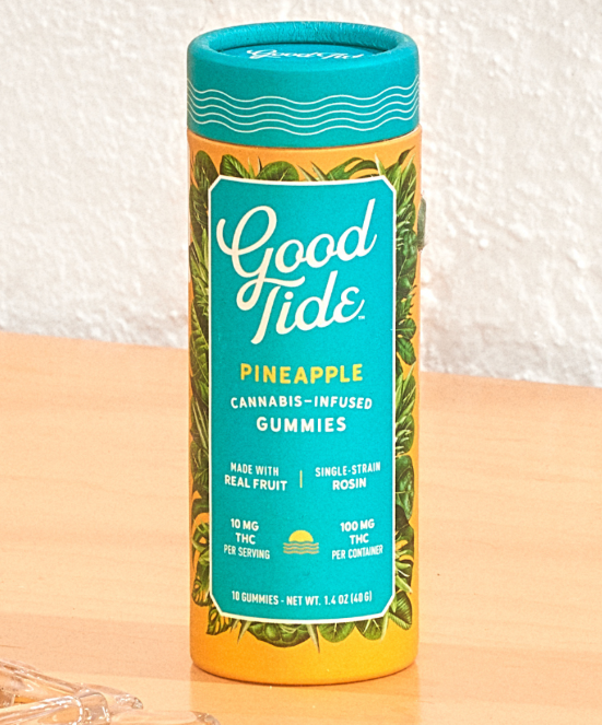 Photograph of product: Good Tide Single-Strain Rosin Gummies 10pk/100mg- Pineapple (Purple Milk)
