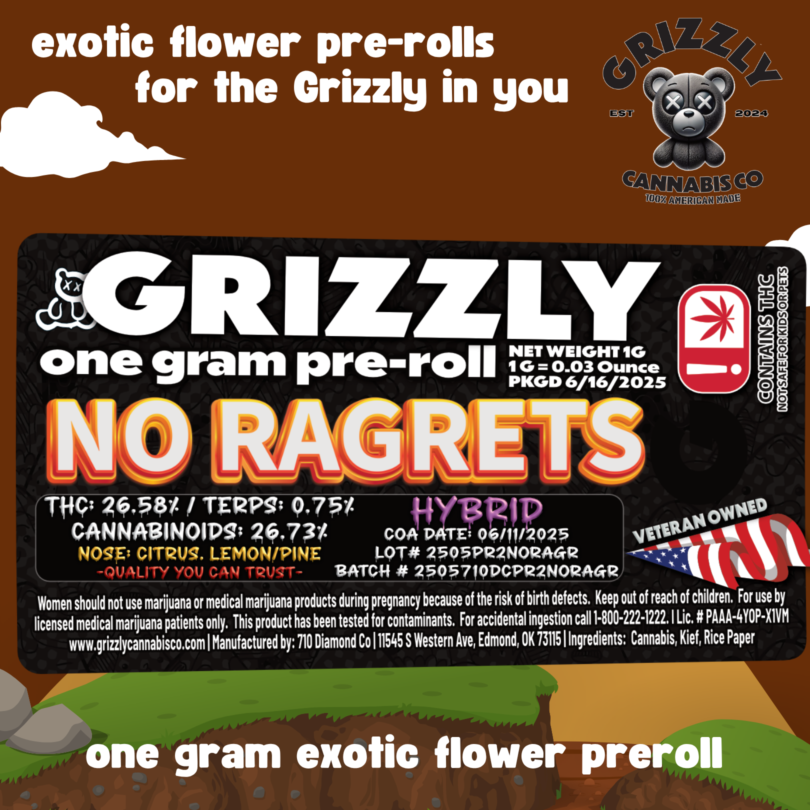 Photograph of Product: Grizzly- Pre-Roll-No Ragrets - 1g