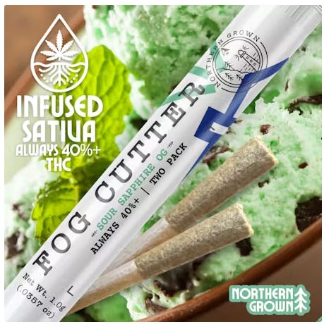 Photograph of product: Sour Sapphire OG | Infused | Pre Roll | 2pk 0.5g | Fog Cutter