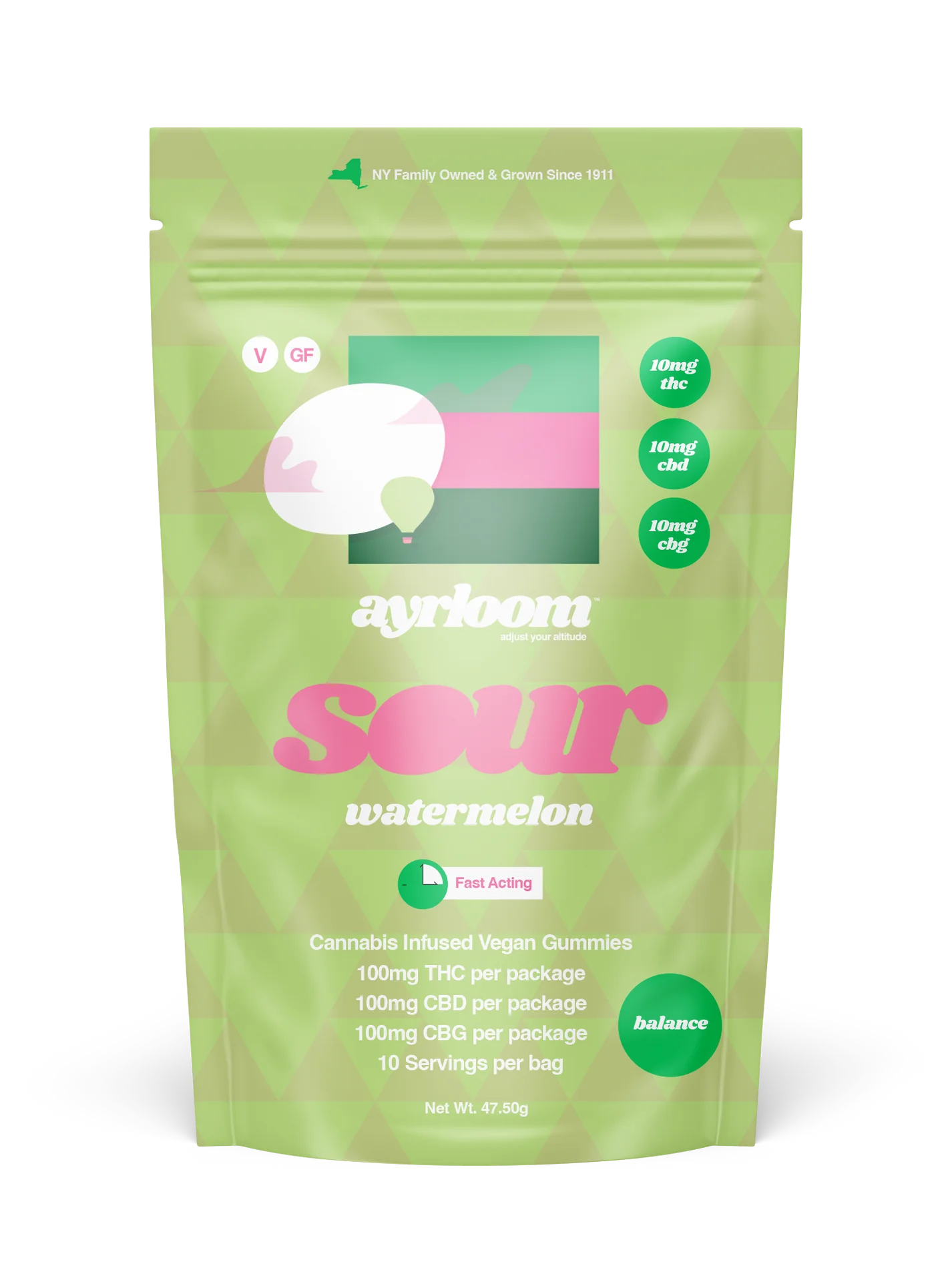 Photograph of product: AYRLOOM Sour Watermelon Balance Gummies 100mg (10mg TH-oui:CBD:CBG each) 10pk