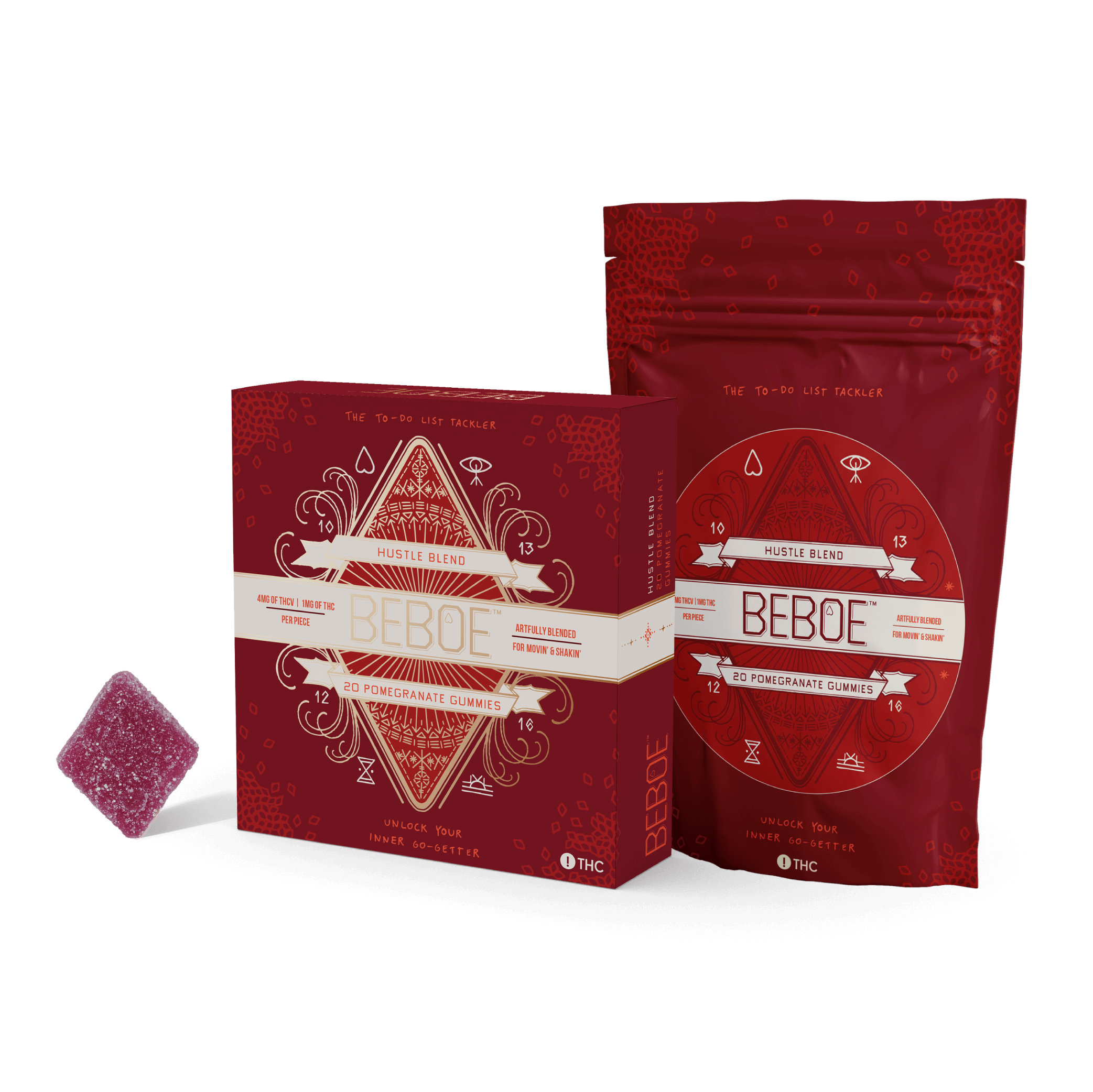 Photograph of product: Hustle Pomegranate 4:2:1 TH-ouiV:CBD:TH-oui Gummies (40mg)