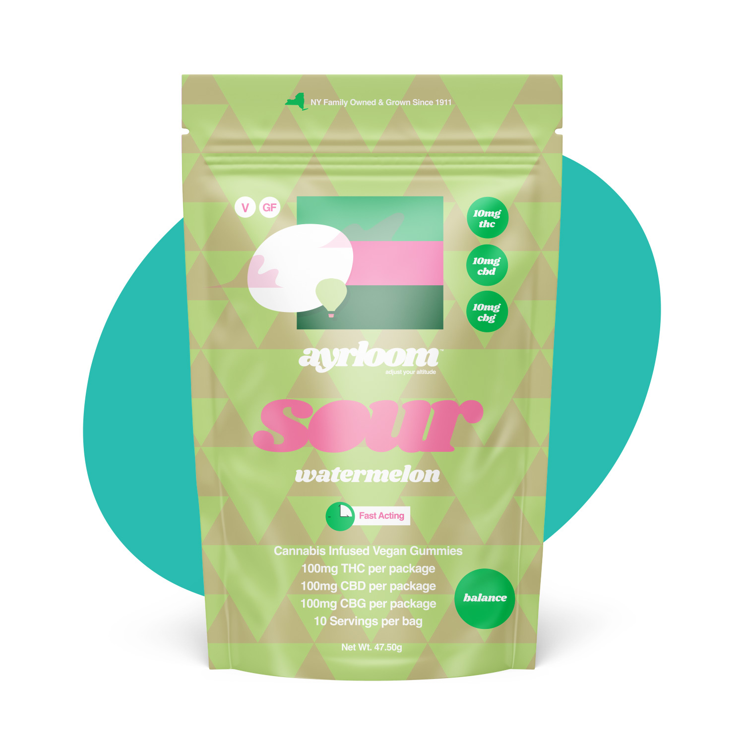 Photograph of Product: Ayrloom | Sour Watermelon 1:1:1 | 10MG THC : 10MG CBD : 10MG CBG 10 Pack