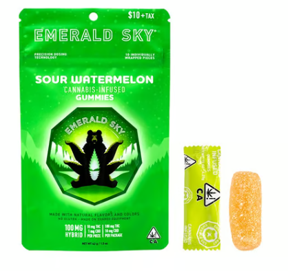 Photograph of product: Emerald Sky Sour Watermelon Hybrid Gummies 10PK 100MG