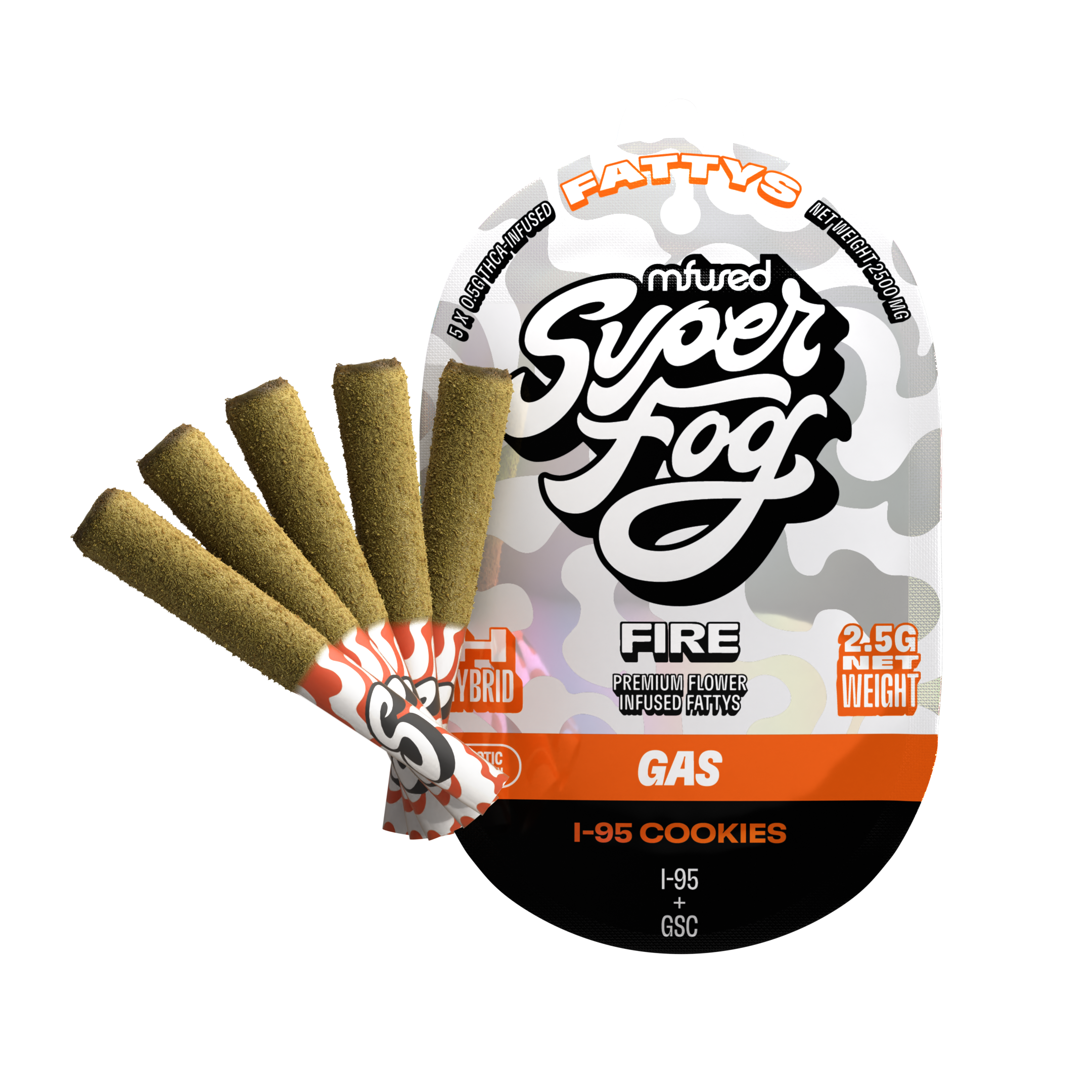 Photograph of product: MFUSED - FIRE FATTYS - PREROLL INFUSED - 0.5G - 5PK - I-95 COOKIES - HYBRID