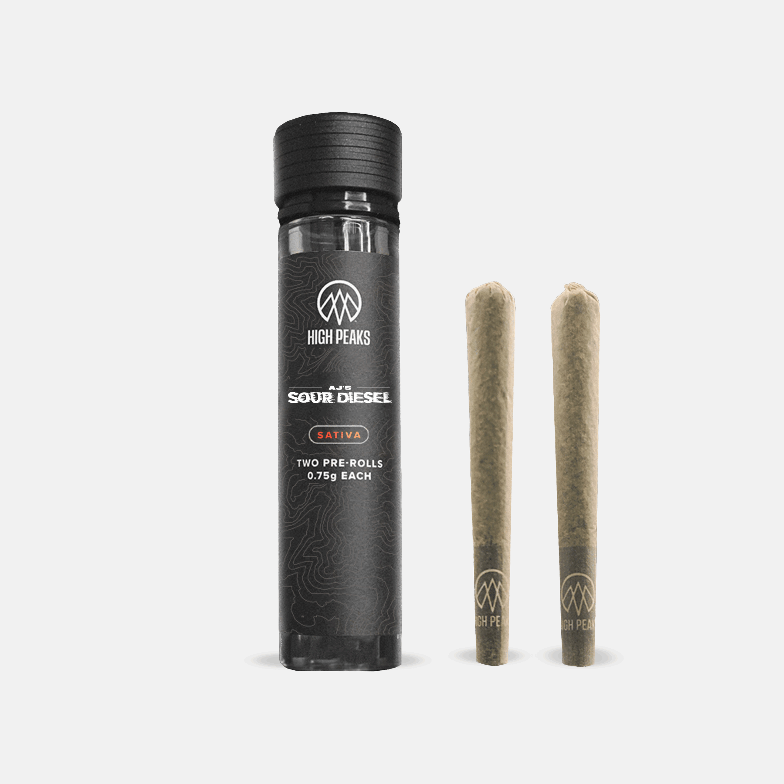 Photograph of product: High Peaks | Prerolls | AJ's Sour Diesel | 0.75g 2pk