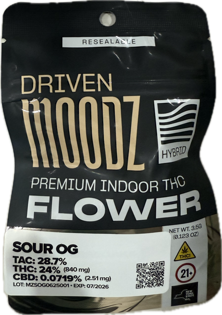 Photograph of product: Moodz | Flower | Sour OG | 3.5g | Hybrid | 24% TH-oui