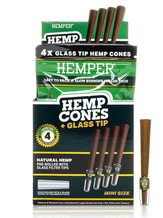 Photograph of product: Accessories | Hemper | Mini Size Hemp Cones + Glass Tip | Natural | 4pk