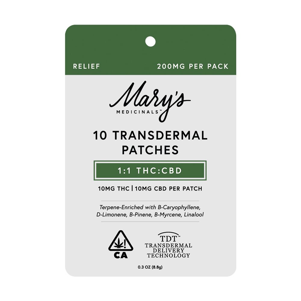 Photograph of product: 1:1 TH-oui:CBD Relief 10pk Transdermal Patches Mary's