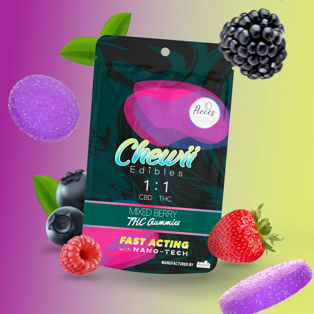 Photograph of product: Chewii - Mixed Berry 100mg - 1:1 TH-oui/CBD Gummies