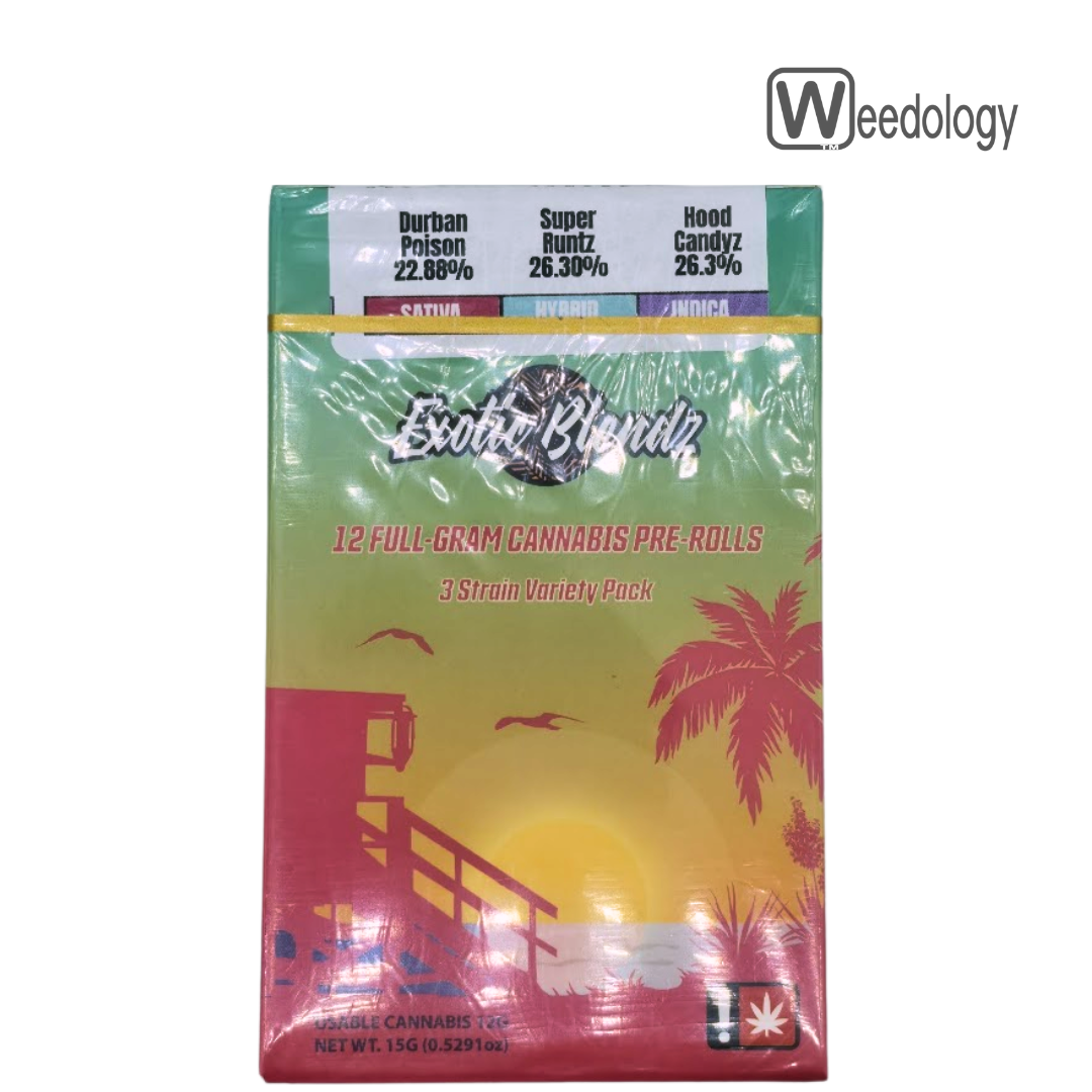 Photograph of product: Exotic Blendz 12pk DURBAN POISON(S)/SUPER RUNTZ(H)/HOOD CANDYZ(I) 1g Pre-Rolls