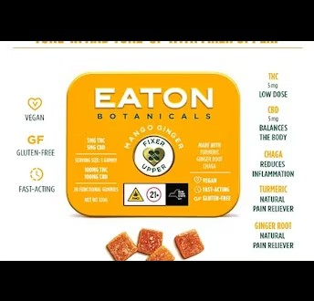 Photograph of product: Eaton Botanicals Mango Ginger Fixer Upper Gummies 1:1 (CBD:TH-oui) 5mg 20pk