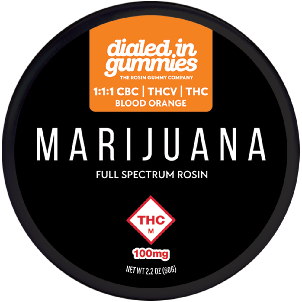 Photograph of product: Dialed In | Innovation | Rosin Gummies | Focus | Blood Orange | 1:1:1 CBC:TH-ouiV:TH-oui | 100mg 10pk