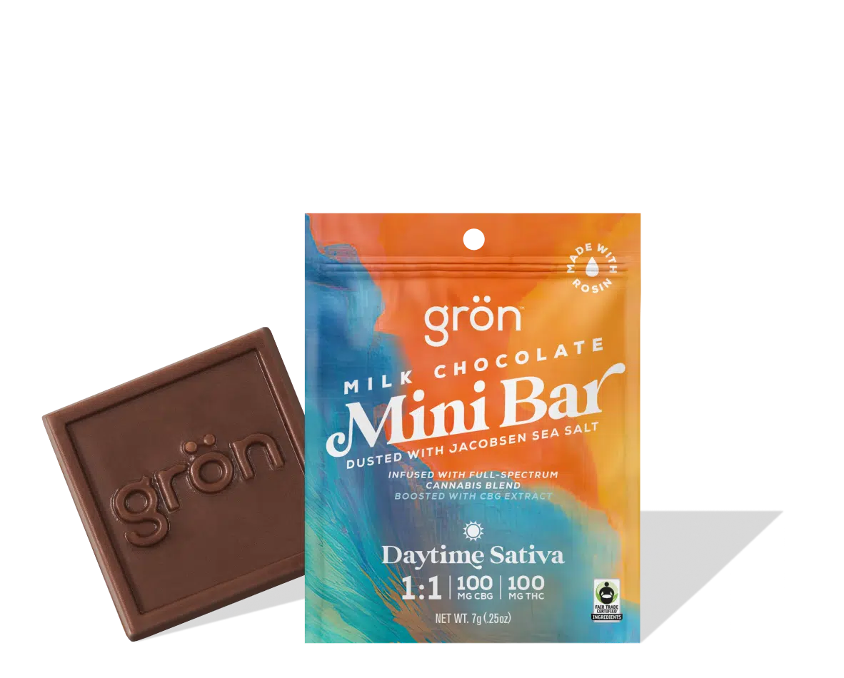 Photograph of product: Gron - Mini Bar - 1:1 Oui'd Milk Chocolate with Sea Salt - 10mg TH-oui:10mg CBG - 10ct