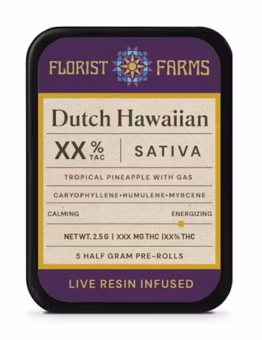 Photograph of product: Florist Farms | Dutch Hawaiian | Infused Pre-Rolls | 5 Pack