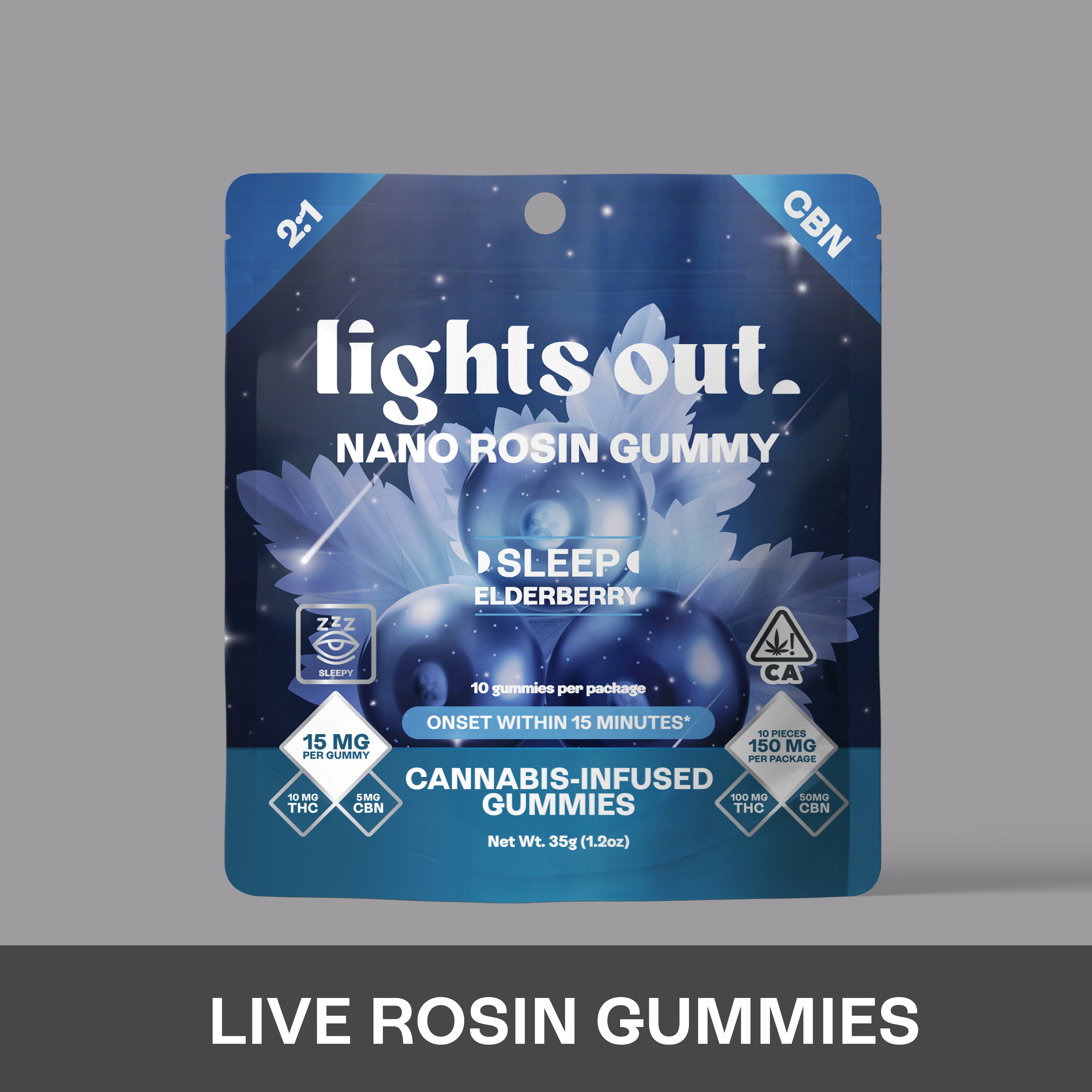 Photograph of product: Lights Out - Elderberry (2:1 TH-oui:CBN) Sleep Live Rosin Nano Edible 150mg