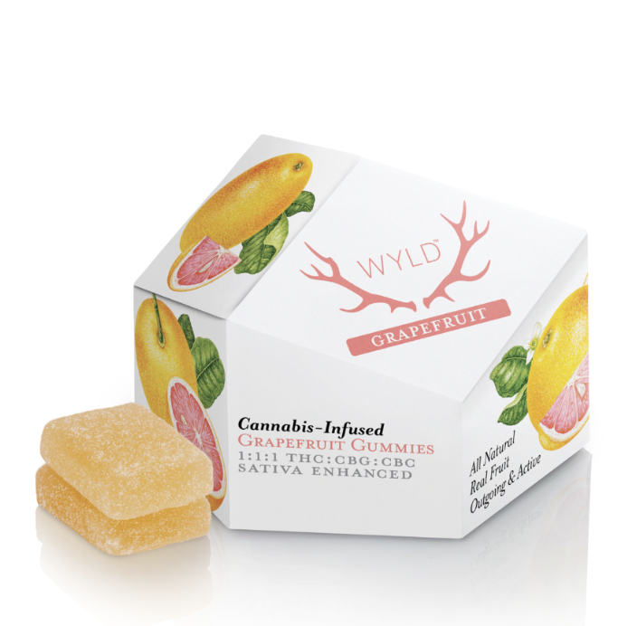 Photograph of product: WYLD | 100MG | Grapefruit 1:1:1 (Oui'd) TH-oui:CBC:CBG Gummies 10pk