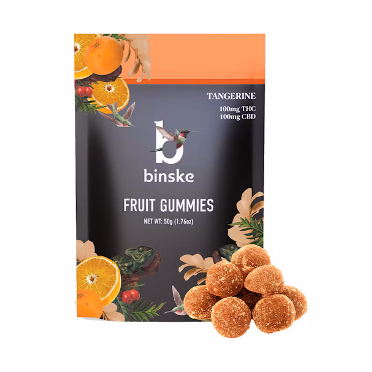 Photograph of product: Binske | Tangerine 1:1 CBD:TH-oui | 100:100mg/10pk Gummies