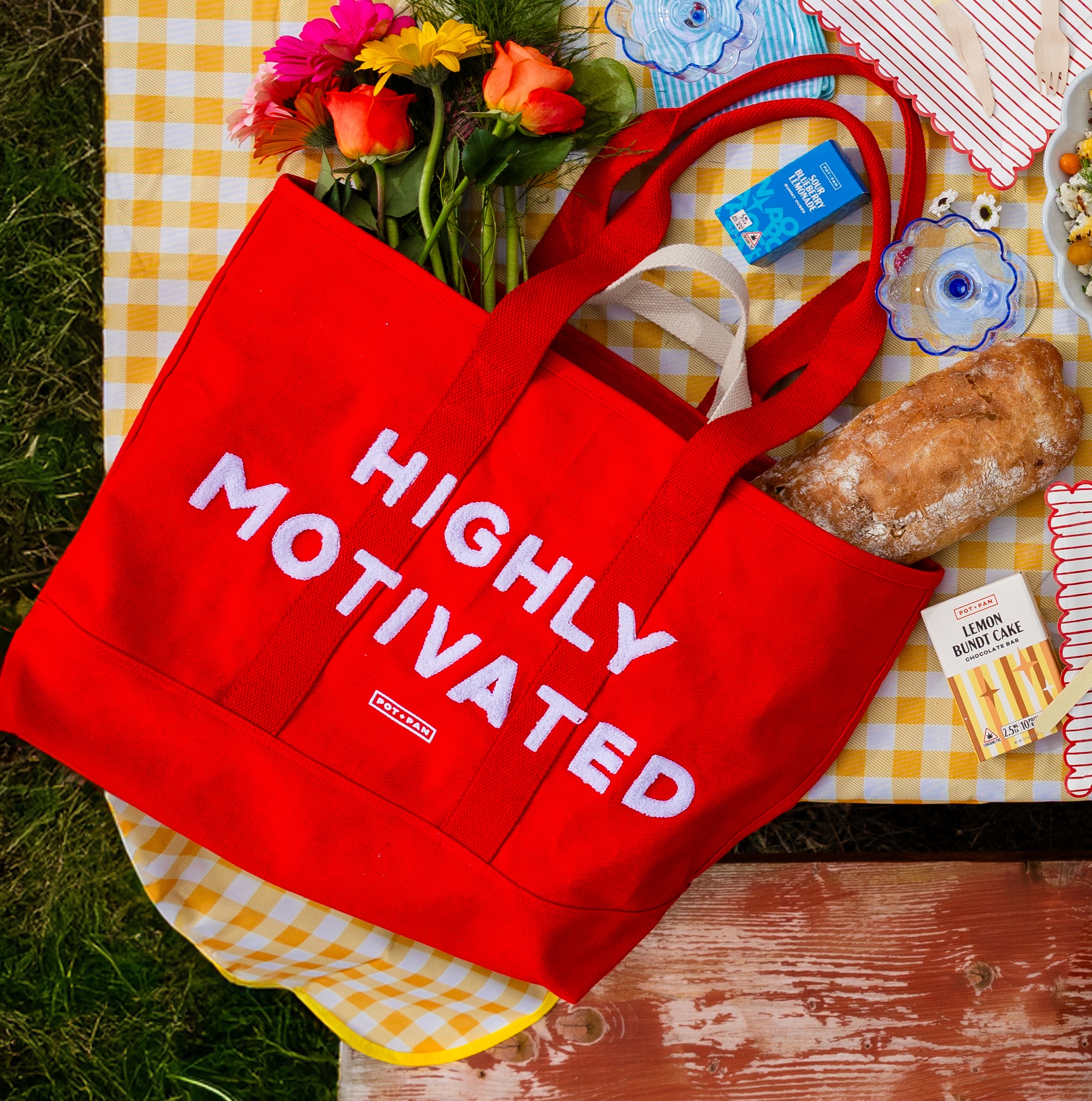 Photograph of product: 'Highly Motivated' Pot + Pan X Immodest Cotton Tote