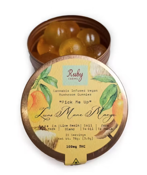 Photograph of product: Ruby Farms | Pick Me Up | Live Resin Gummies | Mango | Lemon Haze