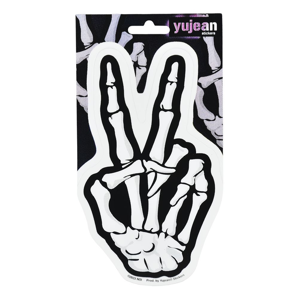 Photograph of product: Bony Skeleton Hand Peace Sign Die-Cut Sticker | 5.8 x 3.5"