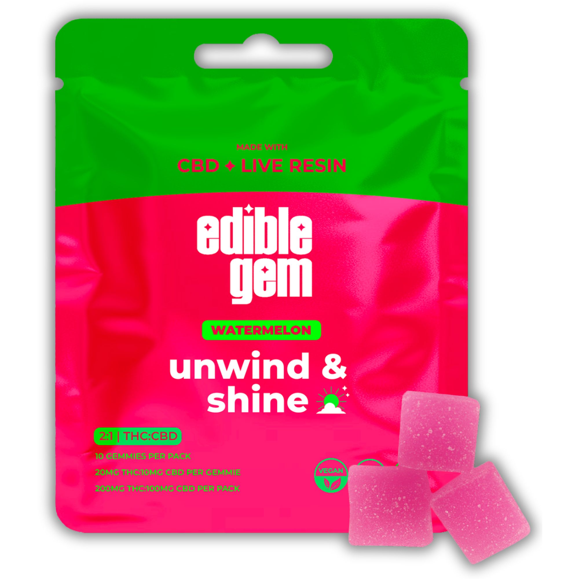 Photograph of Product: Edible Gem | Live Resin Gummy | Watermelon | 2:1 THC:CBD | 200mg