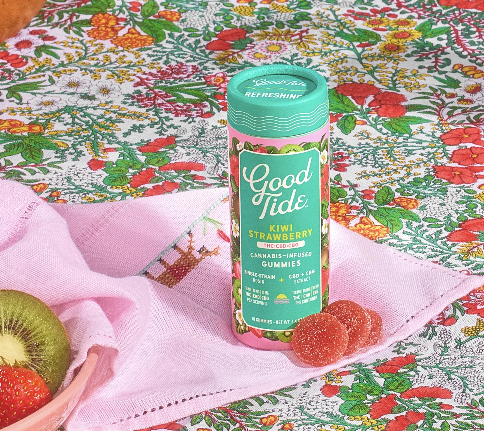 Photograph of product: Good Tide | Edibles | Kiwi Strawberry | Hybrid | 1:1:1 TH-oui:CBD:CBG | 10pk | 100mg