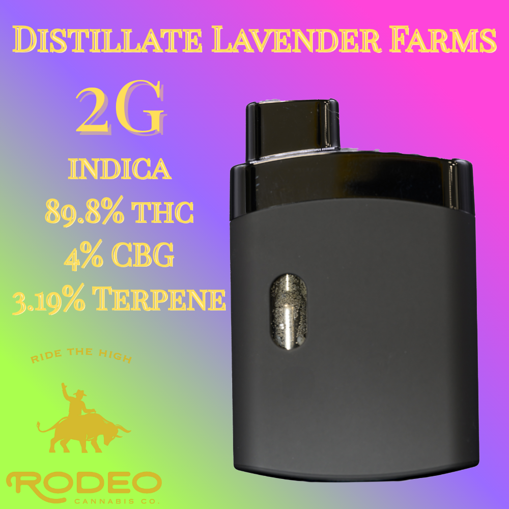 Photograph of product: Rodeo Lavender Farms Distillate Vape 89.84% (I) 2g Disposable - 00216