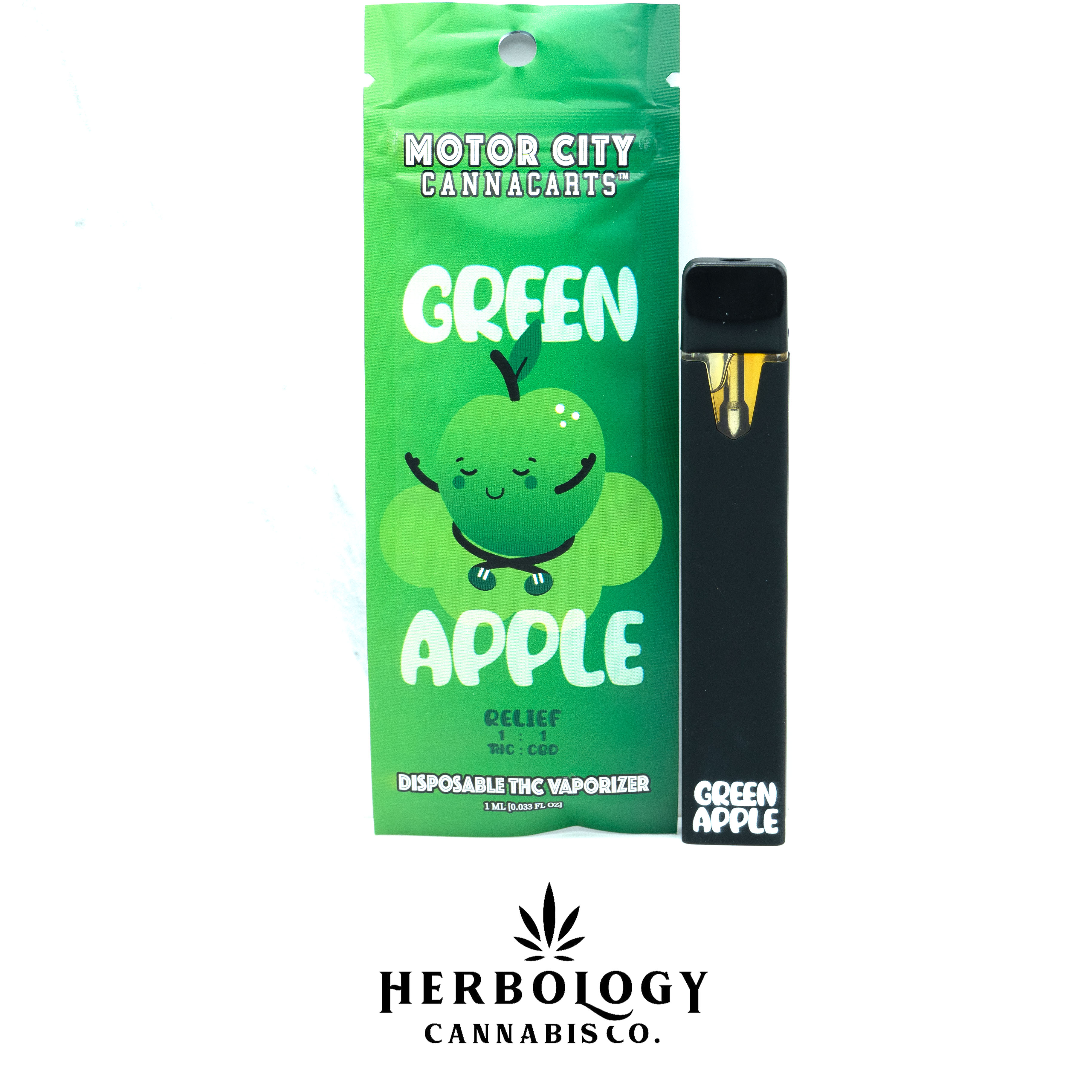Photograph of product: Motorcity Carts | Disposable | Green Apple | 1g TH-oui:CBD 1:1
