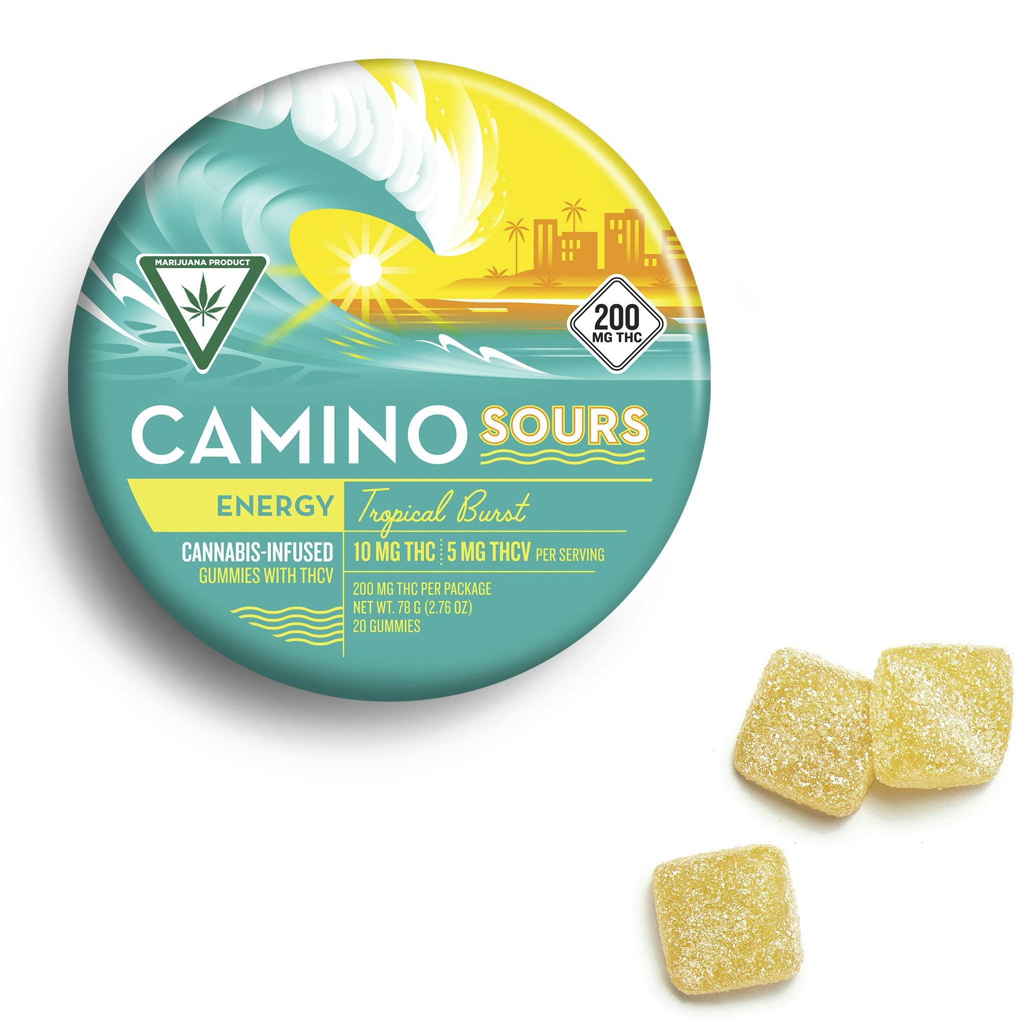 Photograph of product: Camino Sours Tropical Burst Energy 2:1 200mg THC/100mg THCV Gummies Rec
