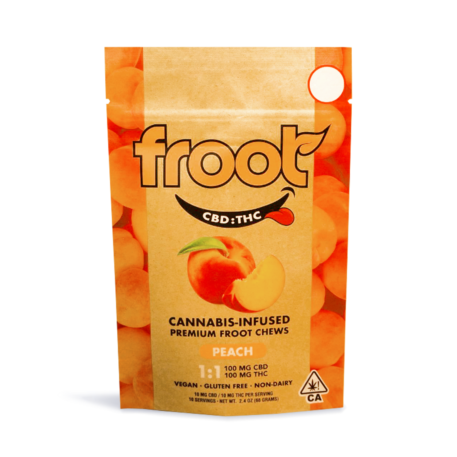 Photograph of product: Froot | 1:1 Peach Gummies | 100mg TH-oui/100mg CBD