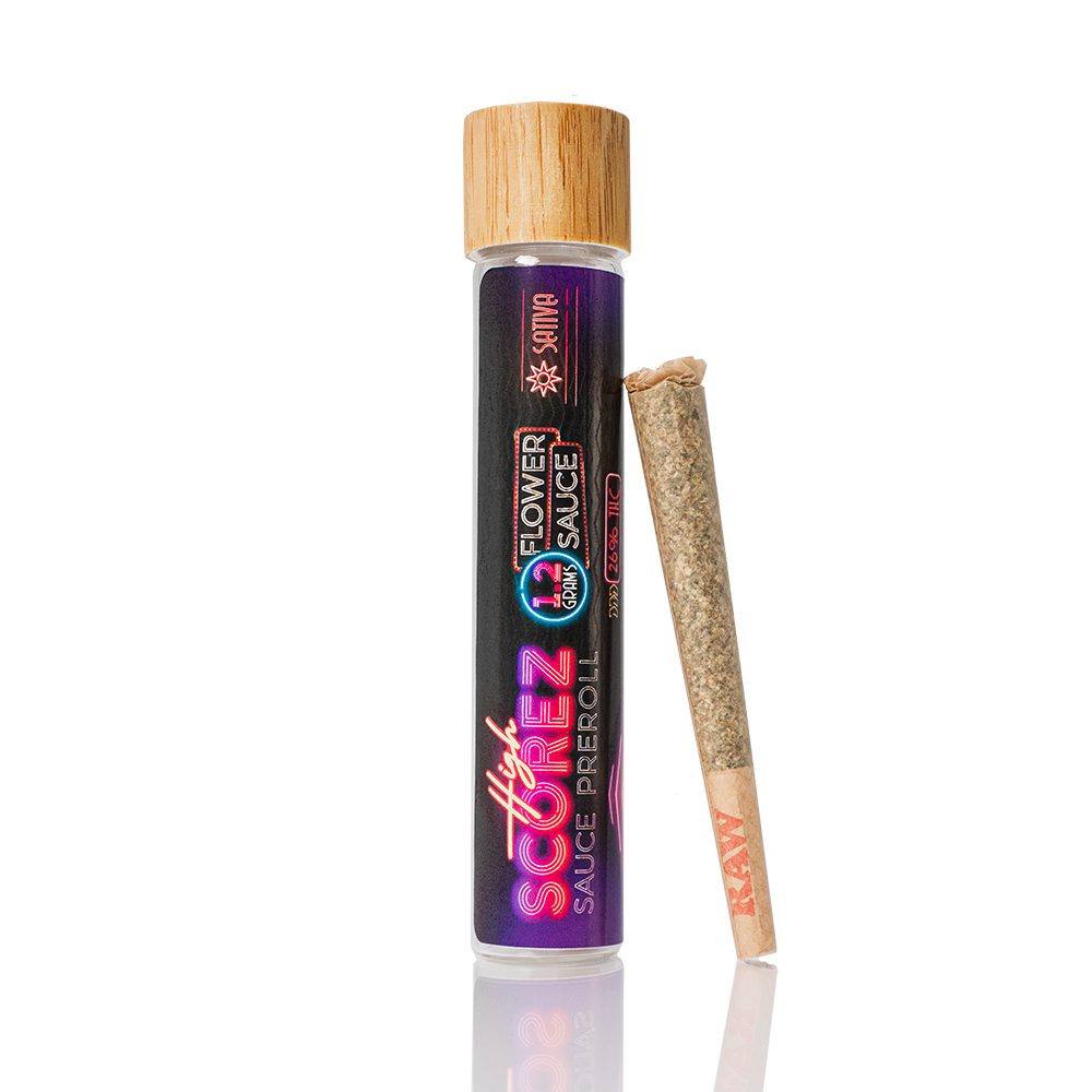 Photograph of product: High Scorez Sauce Infused Preroll 1.2g - Strawberry Mo'nana x Hibiscuits