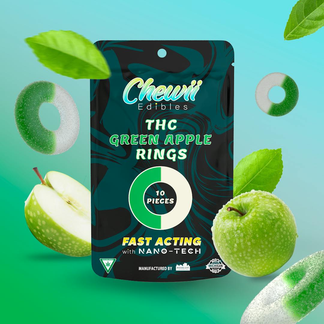 Photograph of product: CHEWII RINGS | GREEN APPLE | FAST ACTING GUMMIES | 200MG
