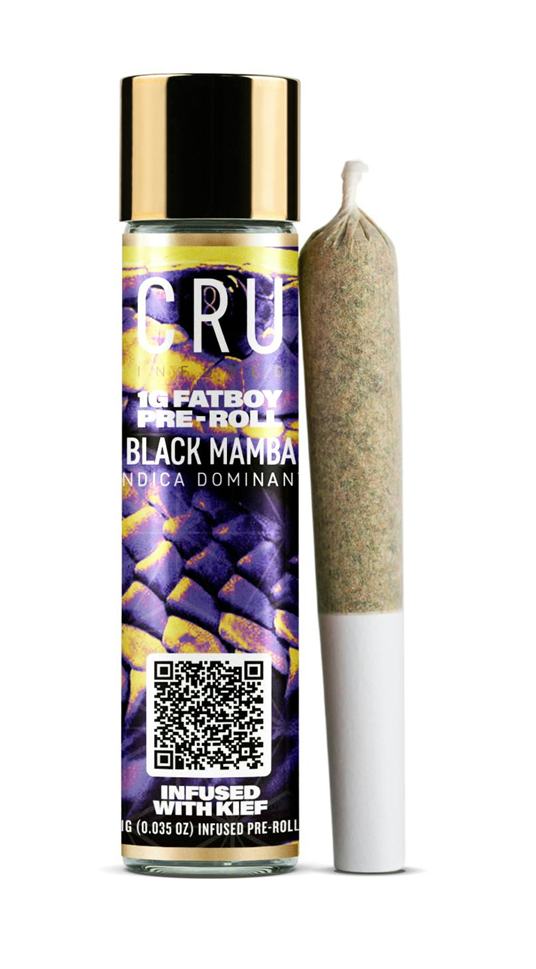 Photograph of product: CRU | Black Mamba | Kief Infused Fat Boy Pre-Roll 1g