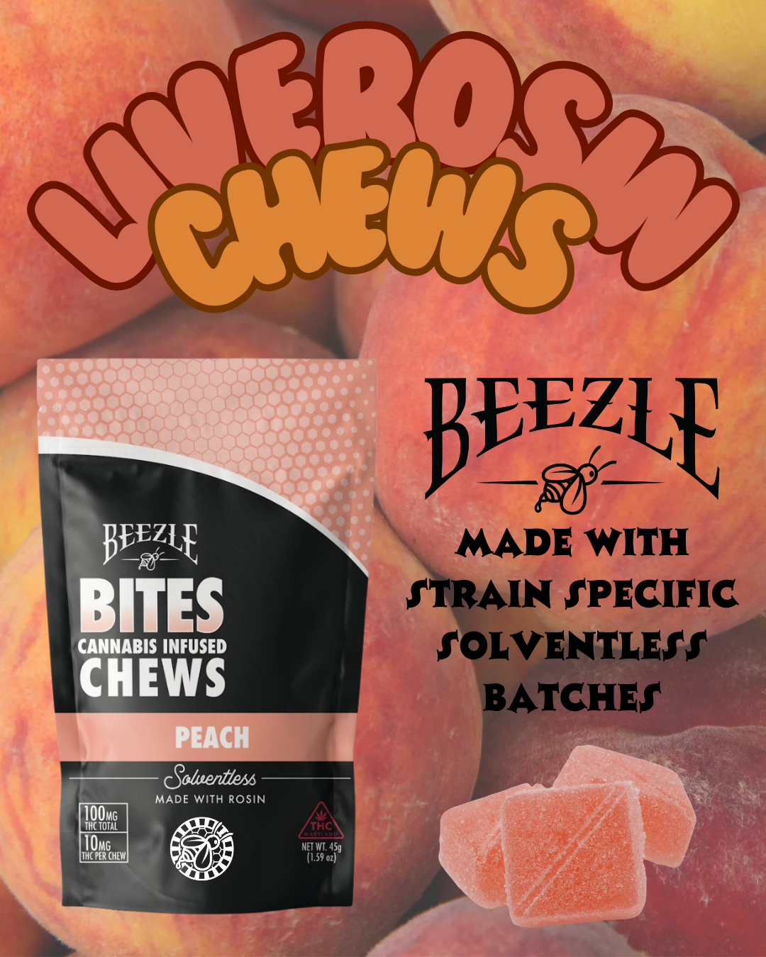 Photograph of product: Beezle Bites Live Rosin Gummies (100mg) Peach 10ct