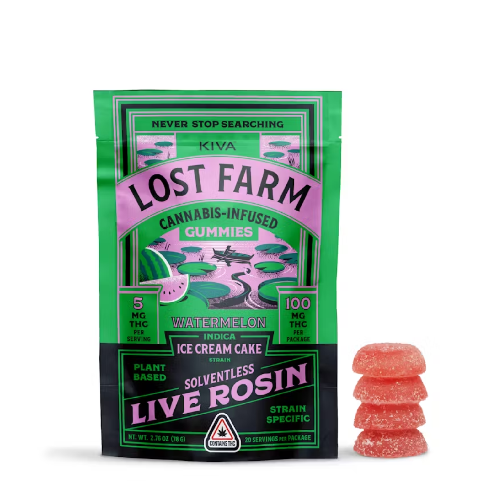 Photograph of product: 100mg Live Rosin Gummies | Ice Cream Cake x Watermelon | Kiva Lost Farms