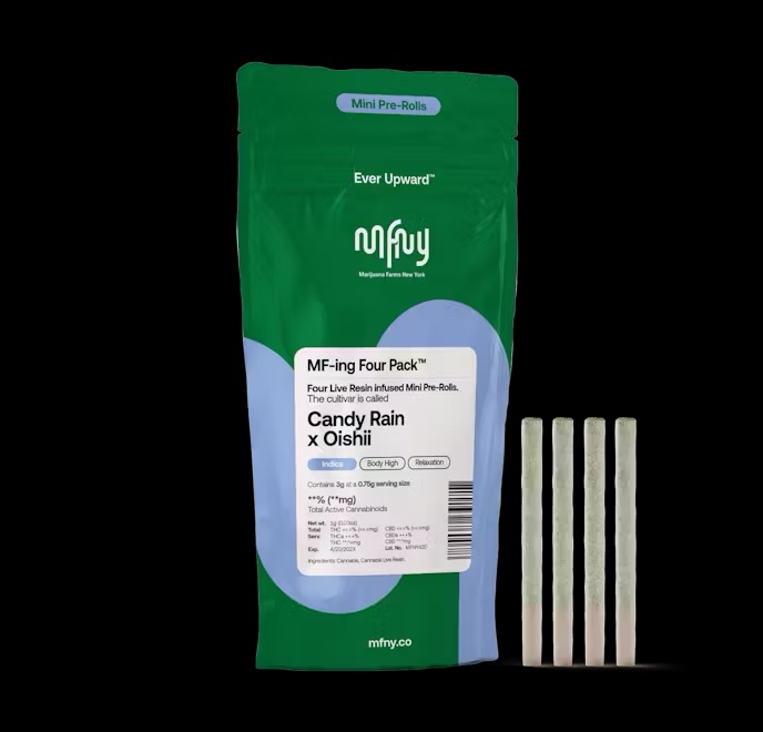 Photograph of product: MFNY | CANDY RAIN X OISHII | 4 X .75 GRAM LIVE RESIN INFUSED PRE-ROLLS