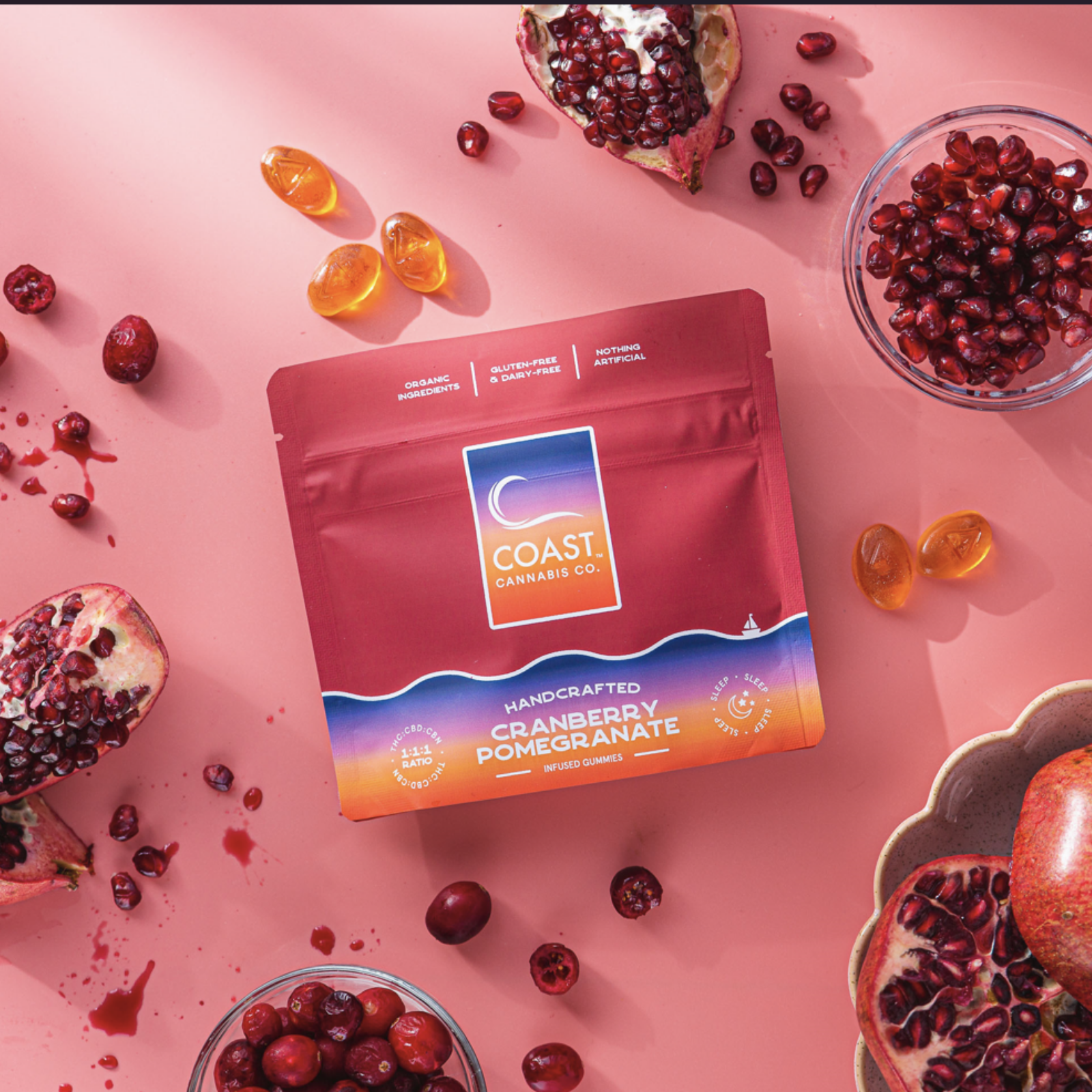 Photograph of Product: 100mg Gummies | 1:1:1 Cranberry Pomegranate | Coast Cannabis