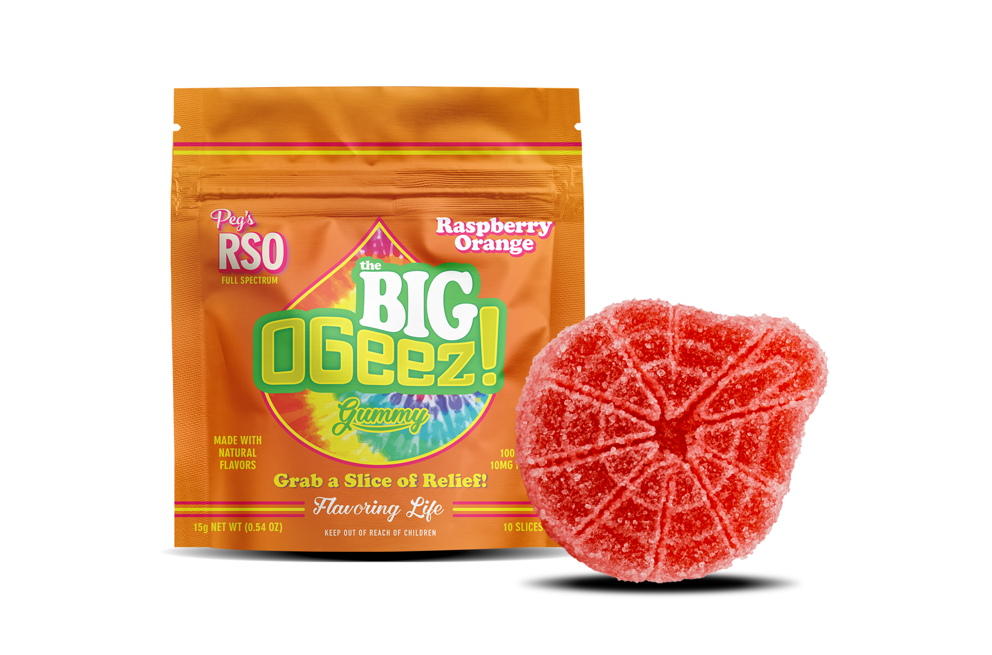 Photograph of product: 100mg - 1 Pack - Edibles - Full Spectrum - BIG! Peg's Raspberry Orange RSO - OGeez - REC