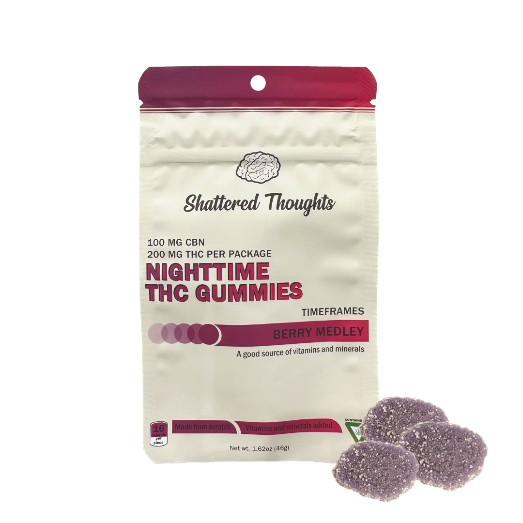 Photograph of product: Shattered Thoughts | Berry Medley Nighttime Gummies | 2:1 TH-oui:CBN | 200mg