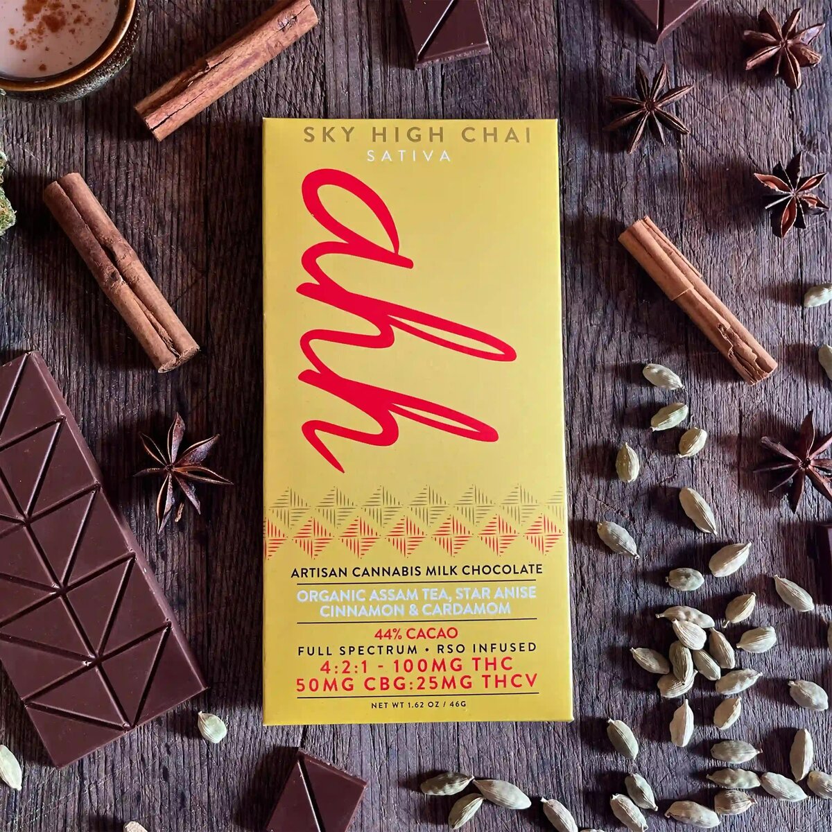 Photograph of product: Sky High Chai: Assam Tea, Star Anise, Cinnamon, & Cardamom (4:2:1 TH-oui:CBD:TH-ouiV) Chocolate Bar (Oui'd) - 100mg