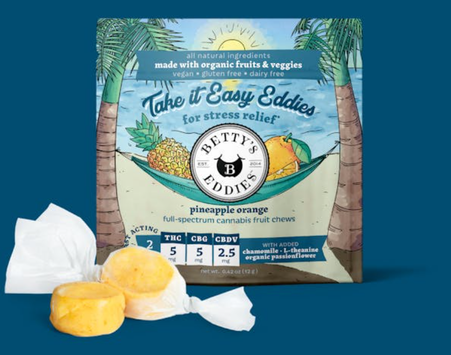 Photograph of product: Betty's Eddies Pineapple Orange (H) 2:2:1 TH-oui:CBG:CBDV Chews 5mg 2pk