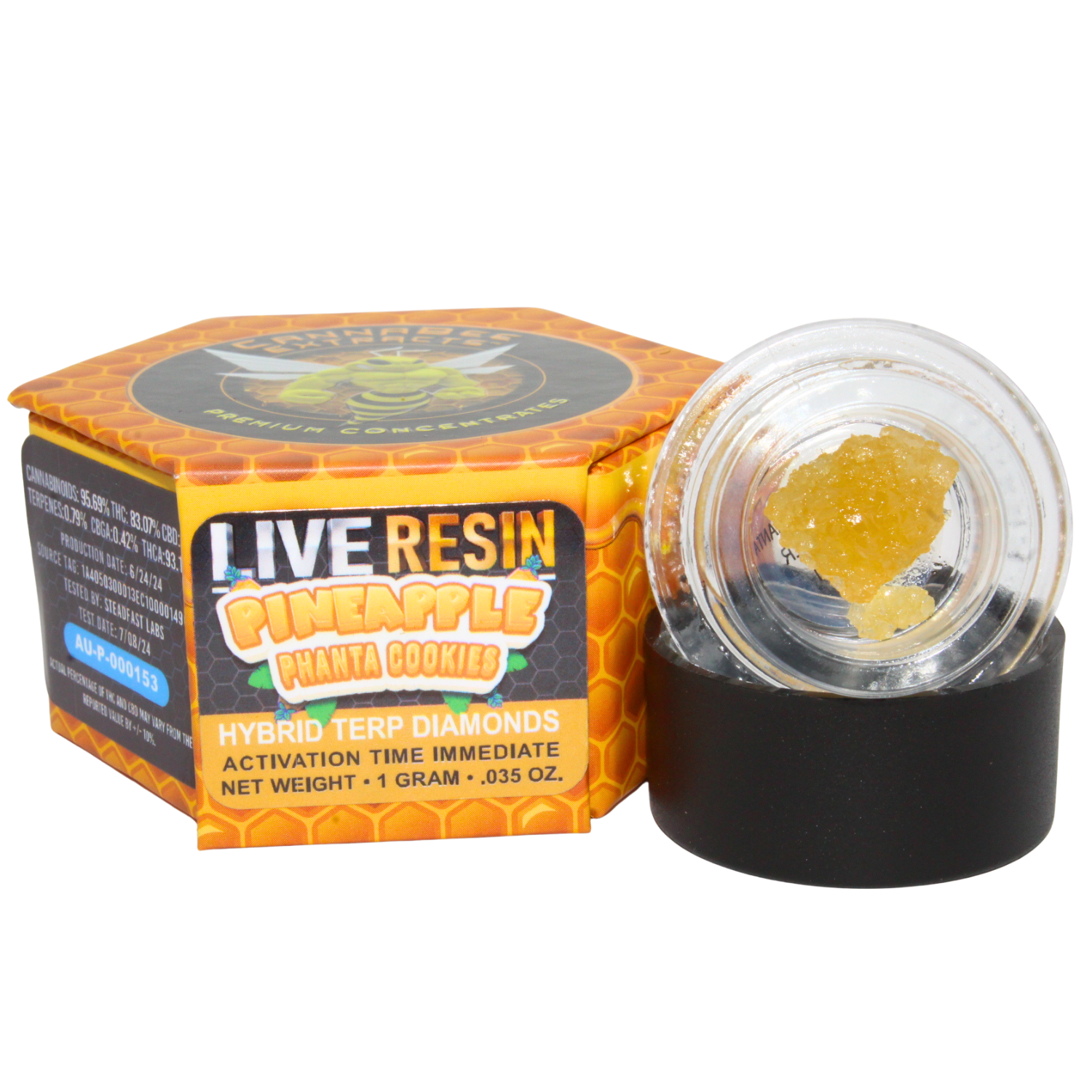 Photograph of product: CANNABEE EXTRACTS PINEAPPLE PHANTA COOKIES LR TERP DIAMONDS REC