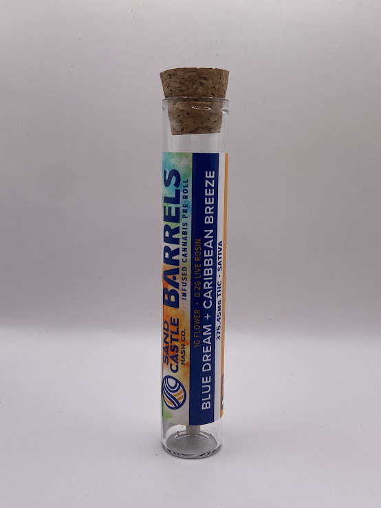 Photograph of product: Sand Castle au chocolat Co. Infused Pre-Roll | Barrels | Blue Dream x Caribbean Breeze