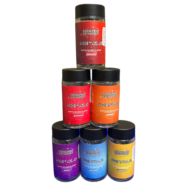 Photograph of product: Cosmic Cowboy | Pistols | Fruit Punch | 0.5g x 5 | Infused Pre-Roll Pack