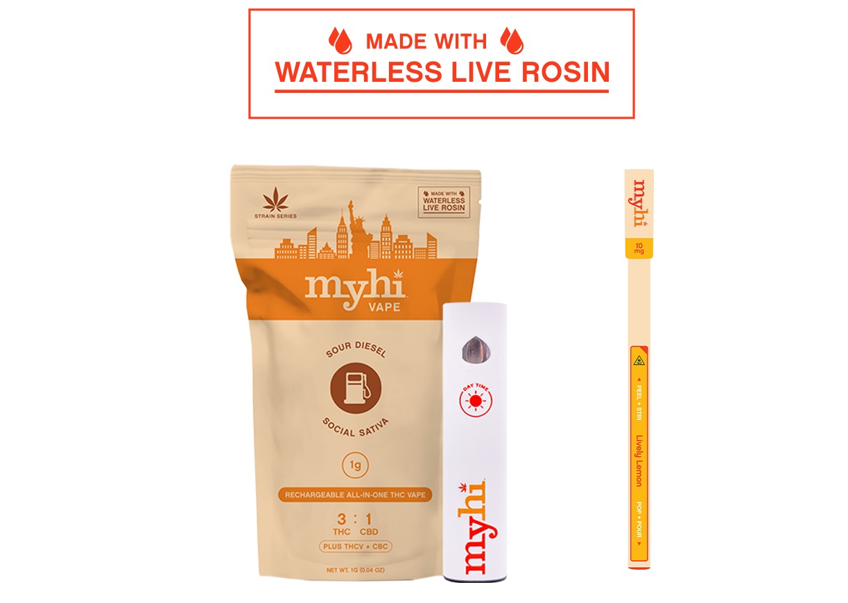 Photograph of product: MyHi | Social Oui'd Sour Diesel  | 3:1 TH-oui / CBD + TH-ouiv & CBC | Waterless Live Rosin Disposable | 1g