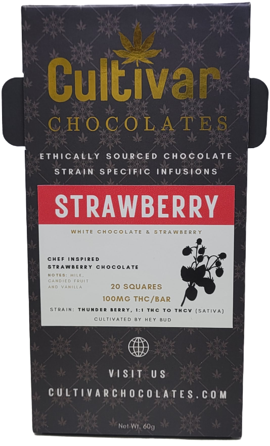 Photograph of product: Strawberry White Chocolate Resin TH-oui/TH-ouiVBar | 100mg 1:1 TH-oui:TH-ouiV | Cultivar Chocolates
