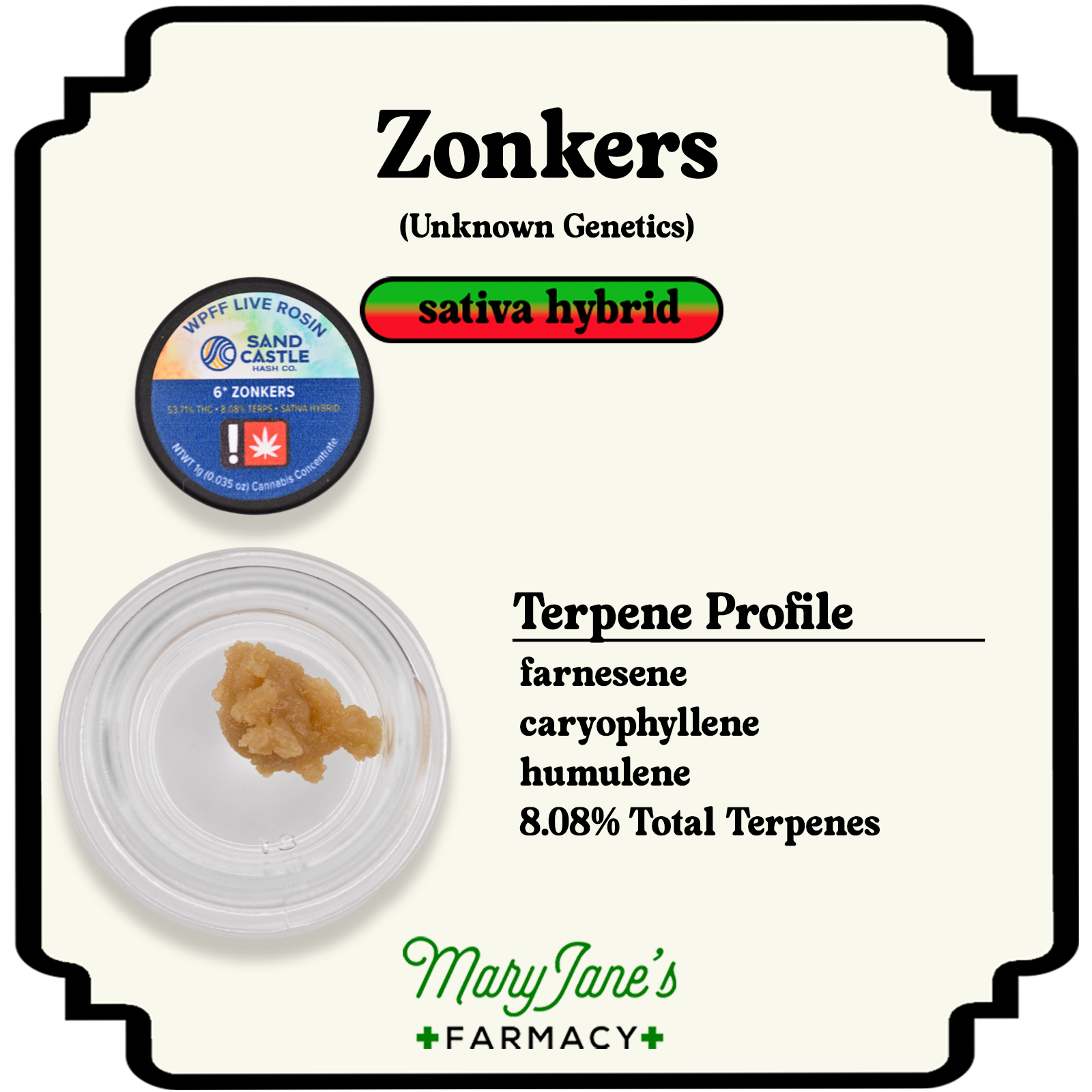 Photograph of product: Zonkers 6* 73-120 Live Rosin Extract | 1g