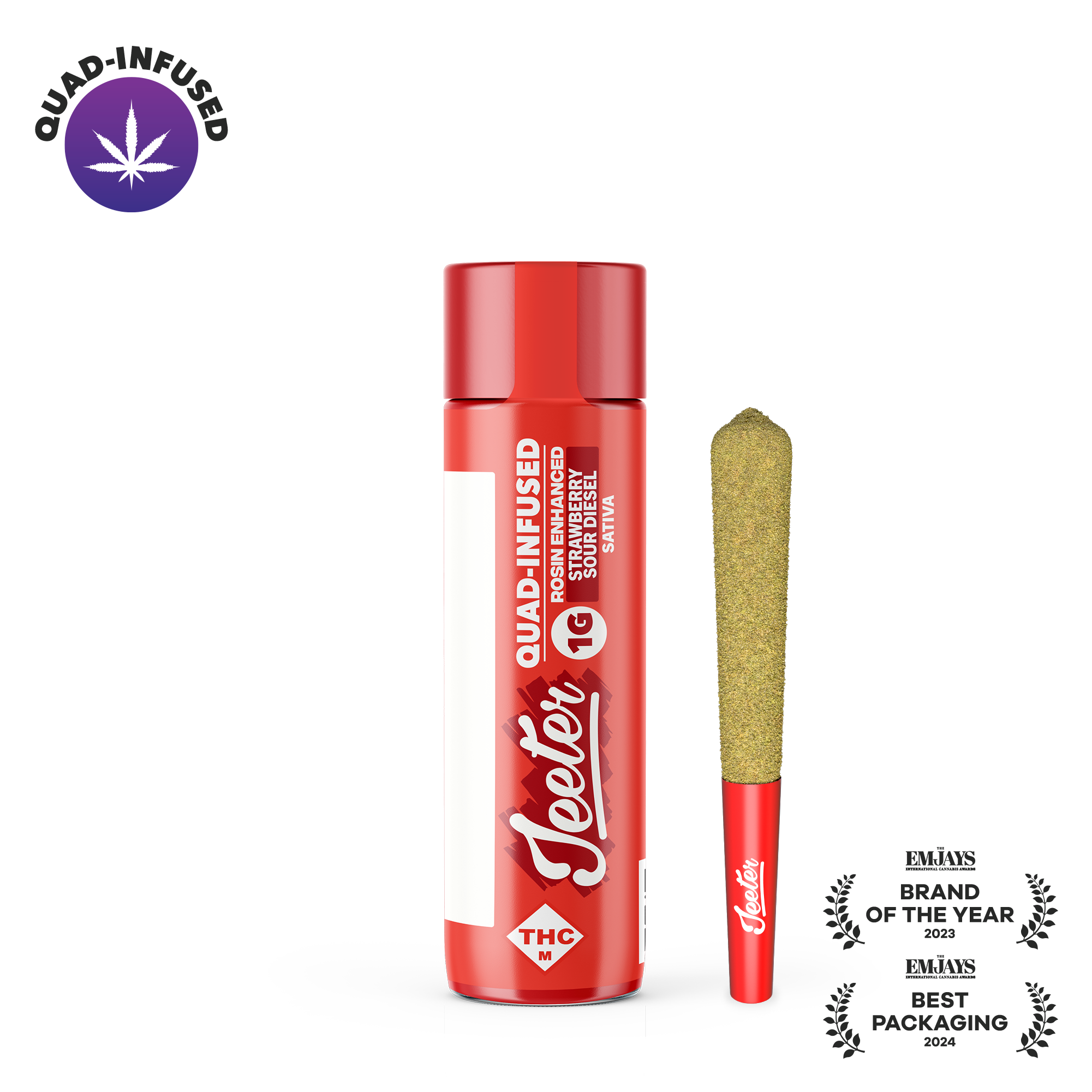 Photograph of product: Strawberry Sour Diesel Quad Infused Jeeter Pre-Roll | 1g