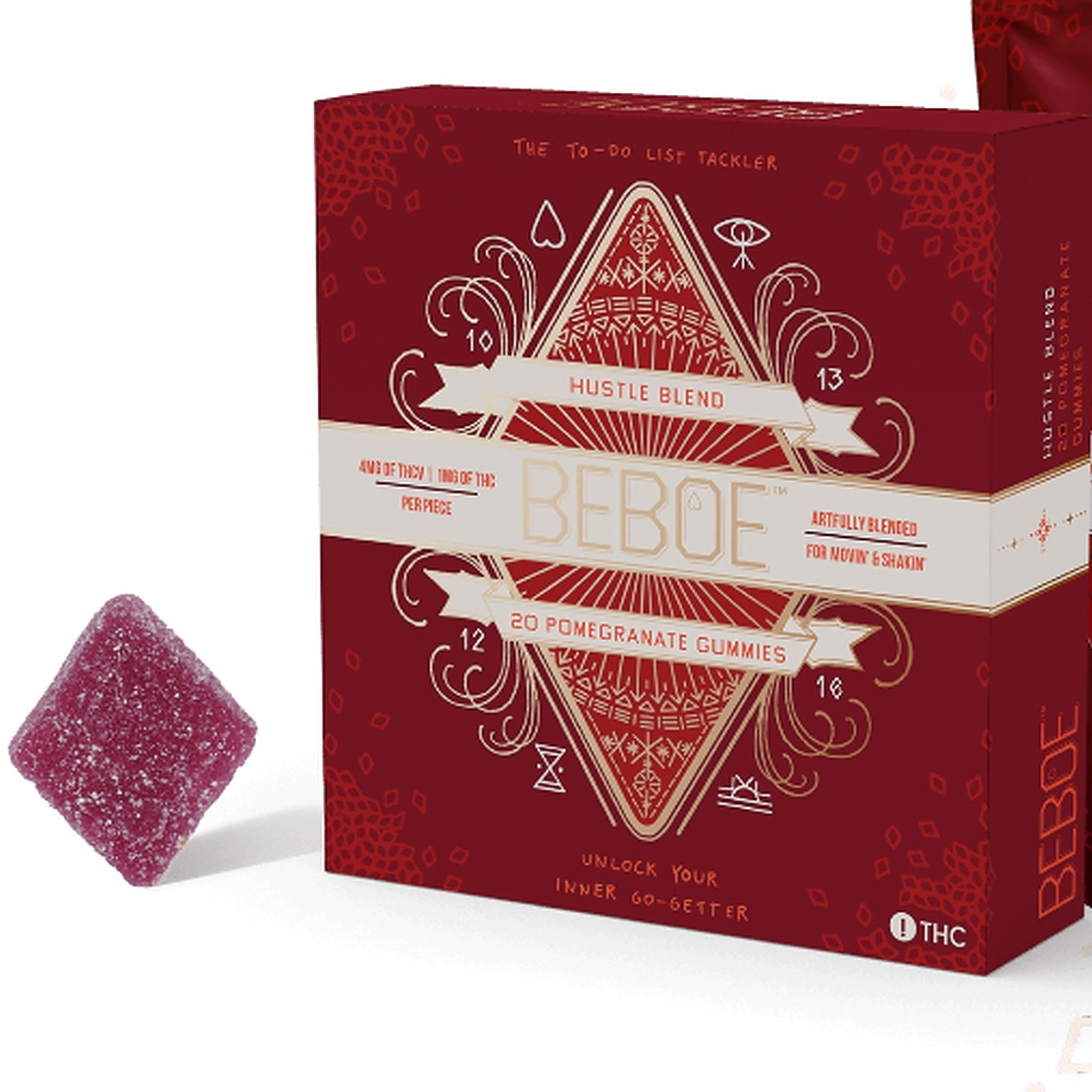 Photograph of product: Beboe Hustle Pomegranate 4:2:1 (TH-ouiV, CBD, TH-oui) Gummies 20Pk- Oui'd